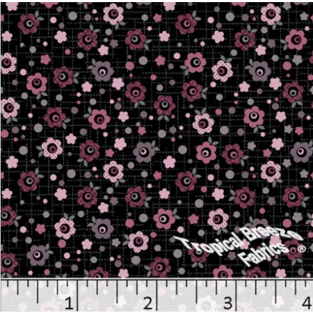 Black & Pink Floral Grid Poly Cotton Fabric