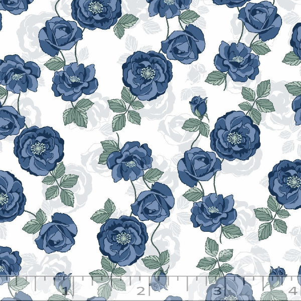 Blue & White Rose Print Poly Cotton Fabric - LF0005