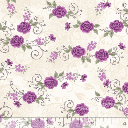 Cream & Purple Floral Rose Poly Cotton Fabric 1 1/4 yds - LF0091