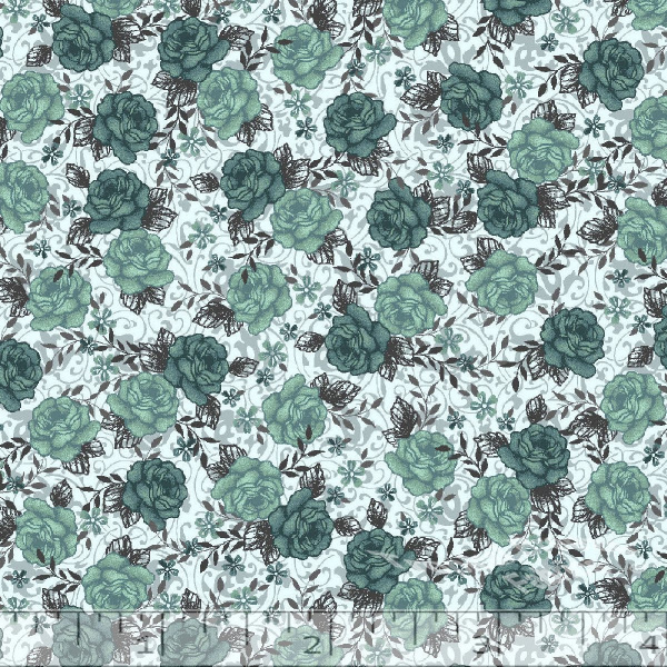 Green Rose Pattern Poly Cotton Fabric - LF0009