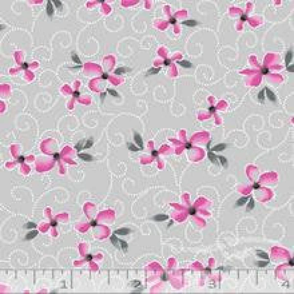 Silver & Pink Flower Blossom Linen Weave Poly Cotton Fabric - LF0134