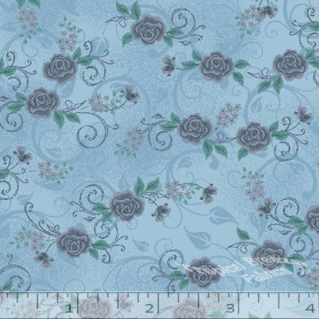 Blue Mist Floral Rose Poly Cotton Fabric