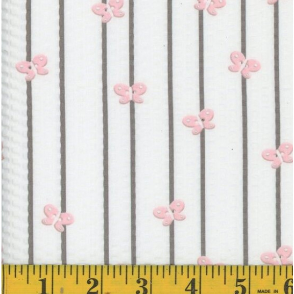 Cream Butterfly Stripe Seersucker Fabric - LF0391