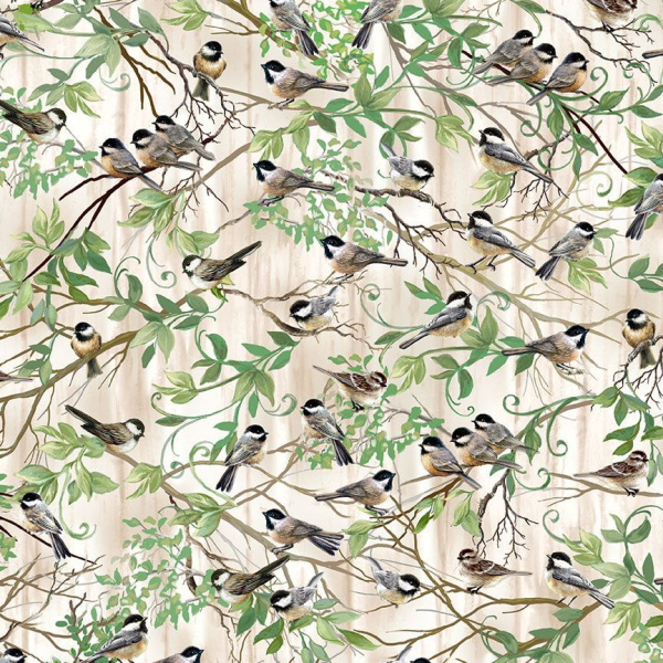 Timeless Treasures Birdhouse Bloom Chickadee in Branches Quilting Cotton Fabric- Natural