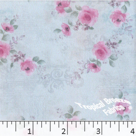 Aqua & Pink Roses Oxford Polyester Fabric