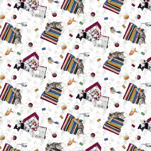 Henry Glass Quilted Kitties Cats and Fabrics Quilting Cotton Fabric- White
